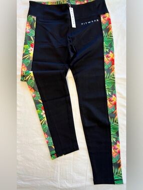 Black Leggings with Tropical Floral Side Panels